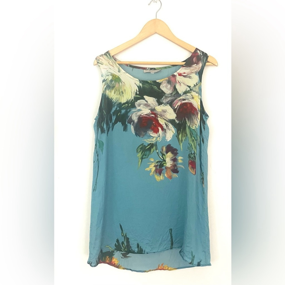 bryn Walker silk Floral Tank Top - Blue and Red paint flower art